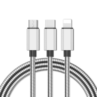 Nabíjecí kabel kovový 3v1 iPhone Lightning + MicroUSB + USB-C, 1.2m, 2.4A Black
